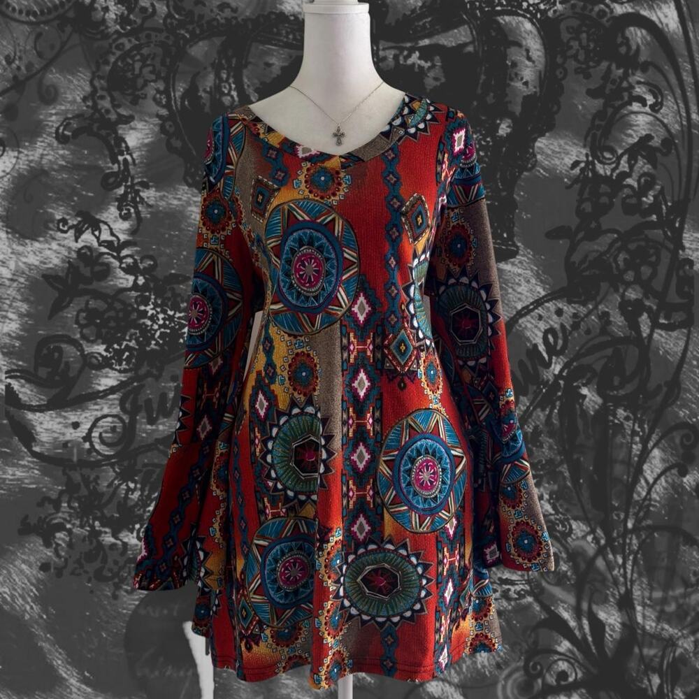 orange toned burned red dark teal geometric medallion fairy grunge boho top
